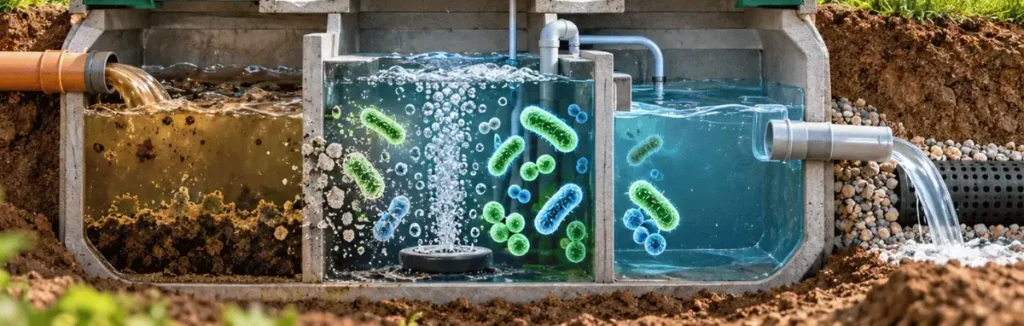 Coupe d'une micro-station d'épuration biologique, avec les bactéries dans les compartiments