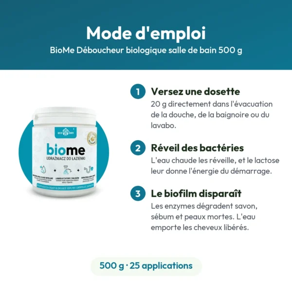 BioMe Déboucheur biologique salle de bain 500 g : douche, baignoire, lavabo